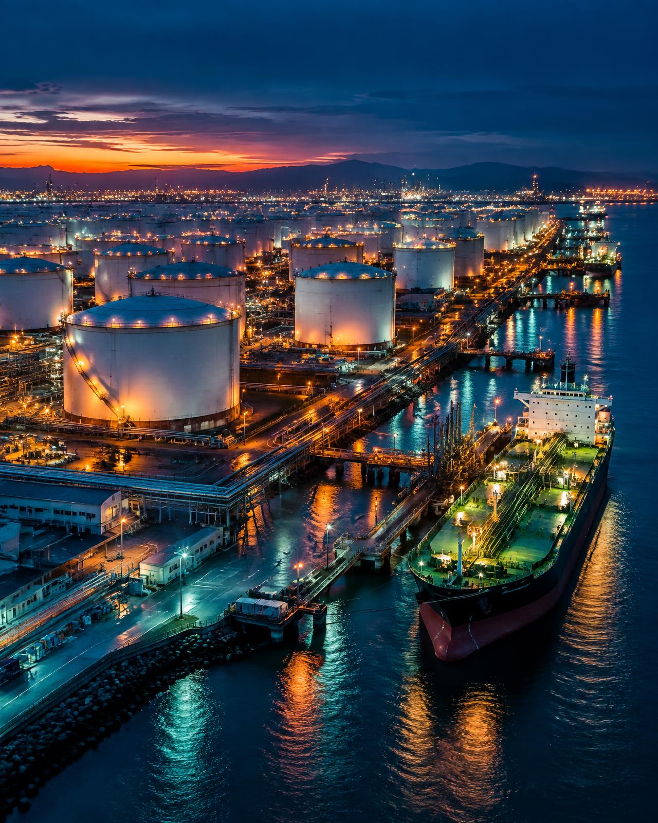 Aerial view of an illuminated tank storage terminal at blue hour with a tanker berthed alongside
