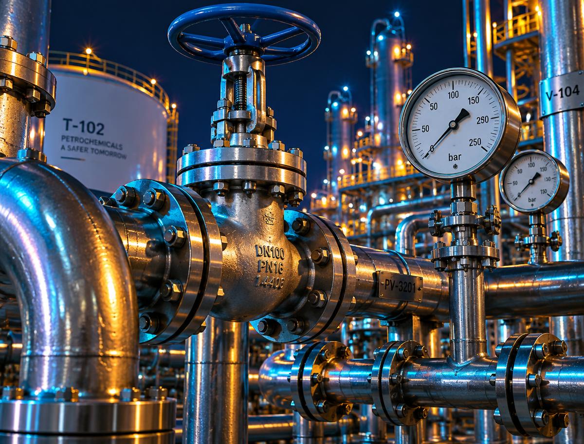 Steel pipework, valves and pressure gauges lit in cyan and amber