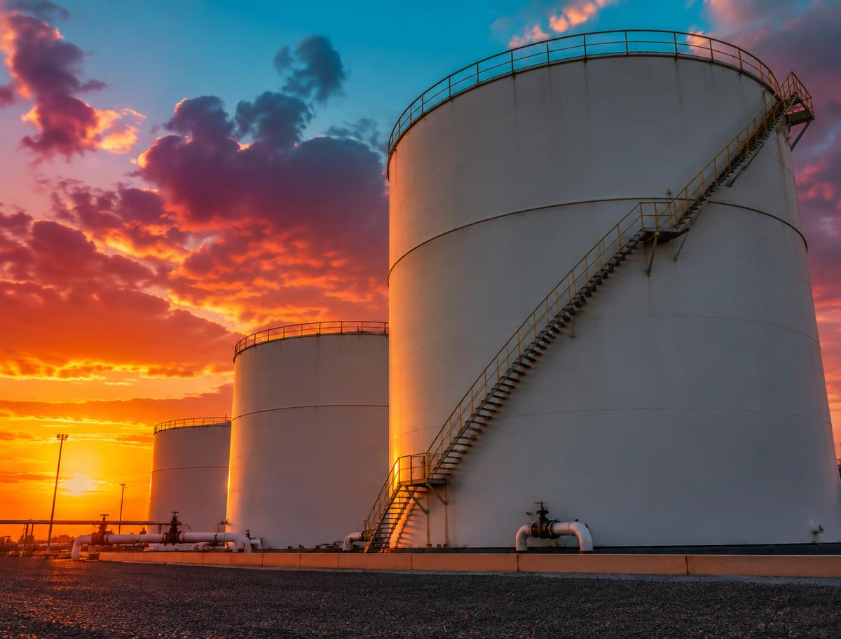 Storage tanks silhouetted against a vivid sunset sky